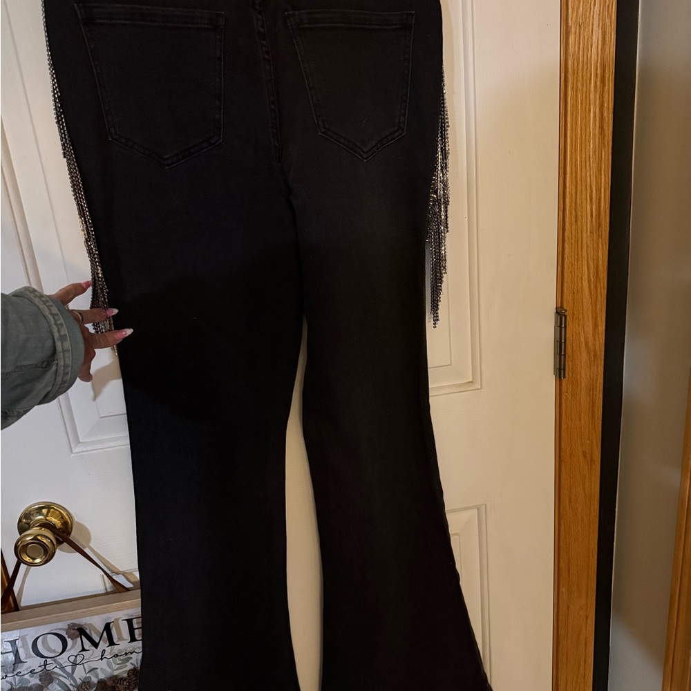 Sterling and stitch Black Flared Pants with bling fringe Long!!! 34in! - Picture 10 of 10